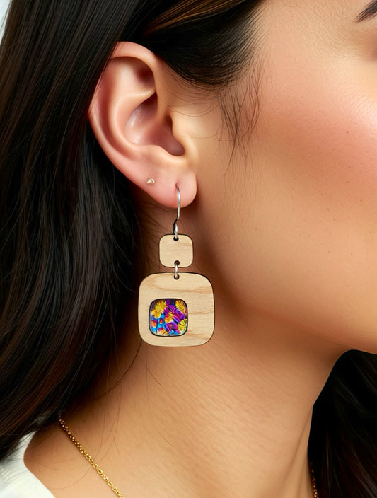 Pink dragonskin square wood earrings