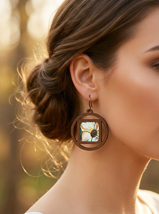 Round Square wood Dogwood flower earrings