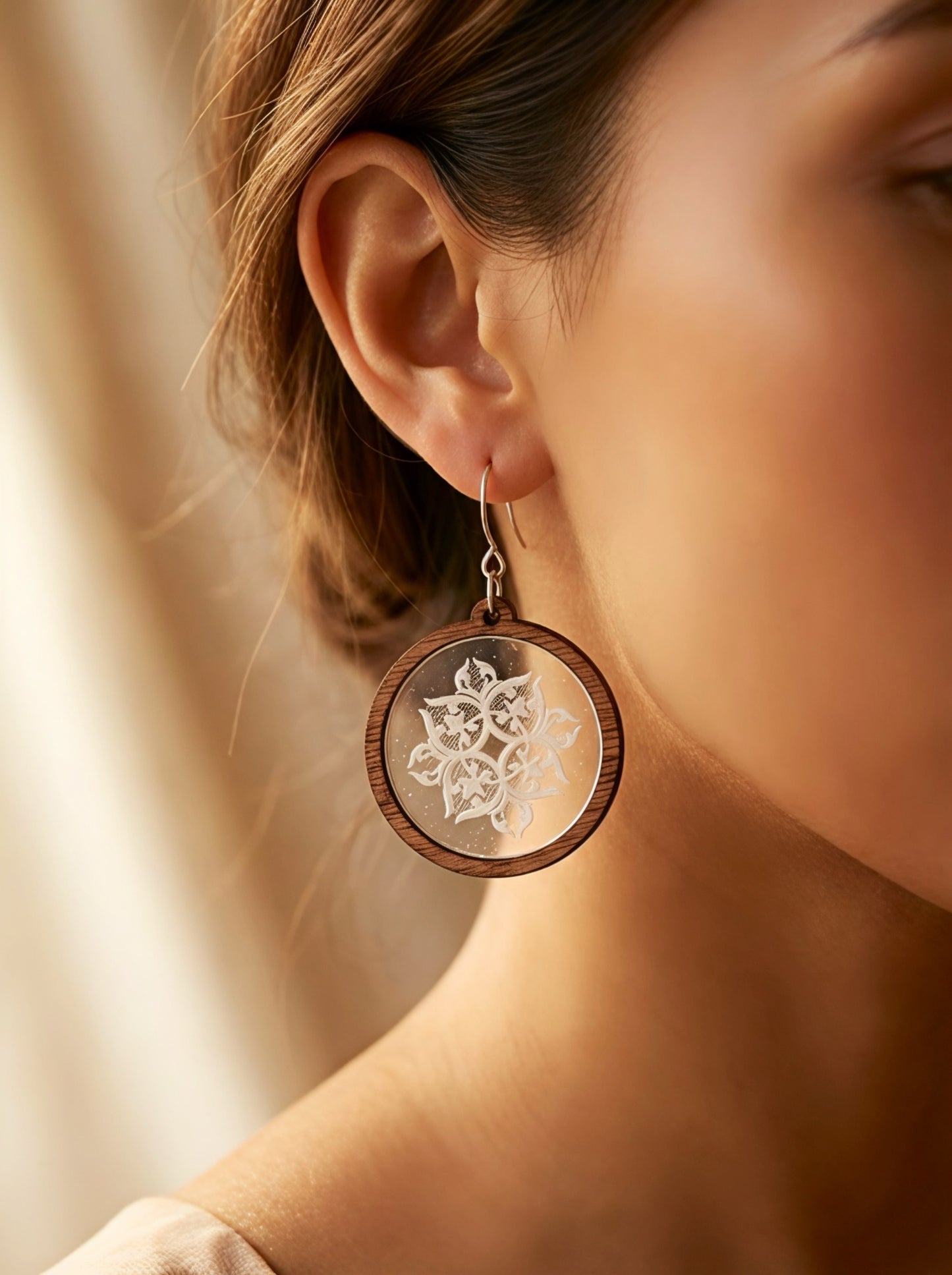 Round wood/acryic mandala earrings