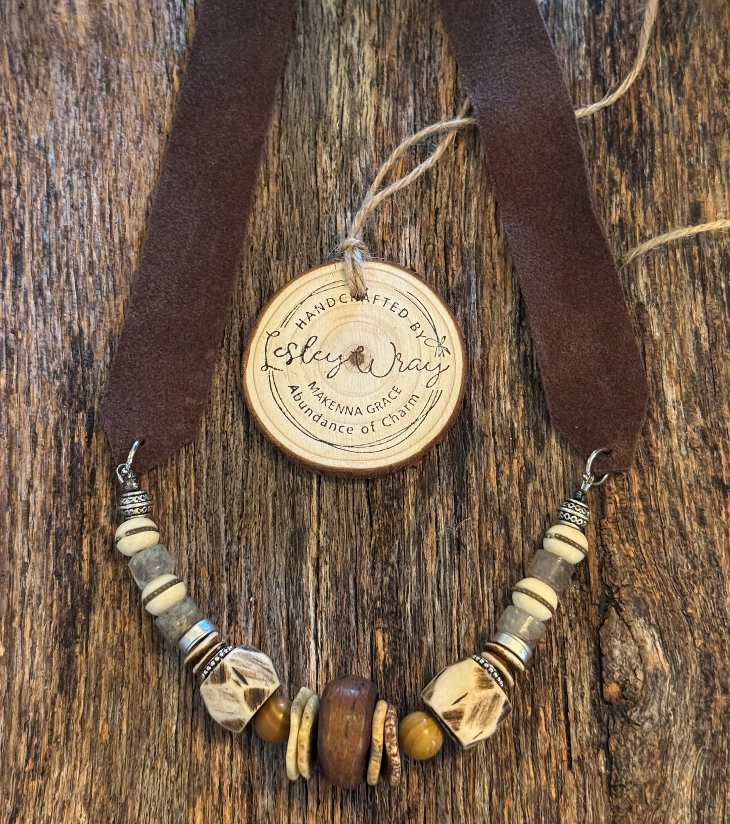 Boho beaded necklace with dark brown wide flat leather strap