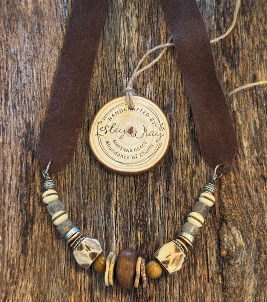 Boho beaded necklace with dark brown wide flat leather strap