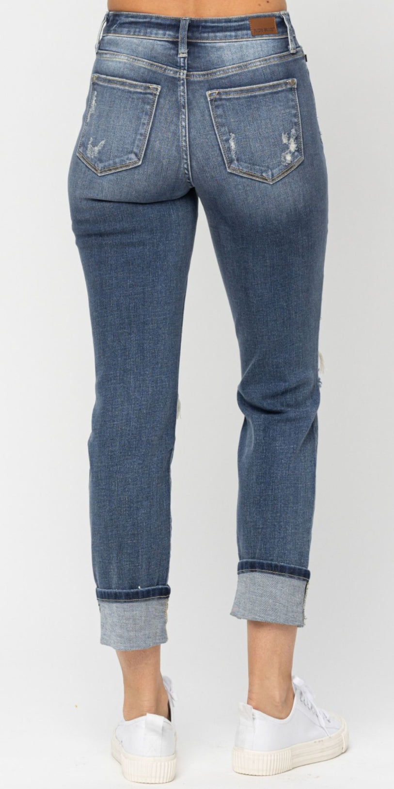 Judy Blue Boyfriend Mid Rise Cuffed Distressed Jeans