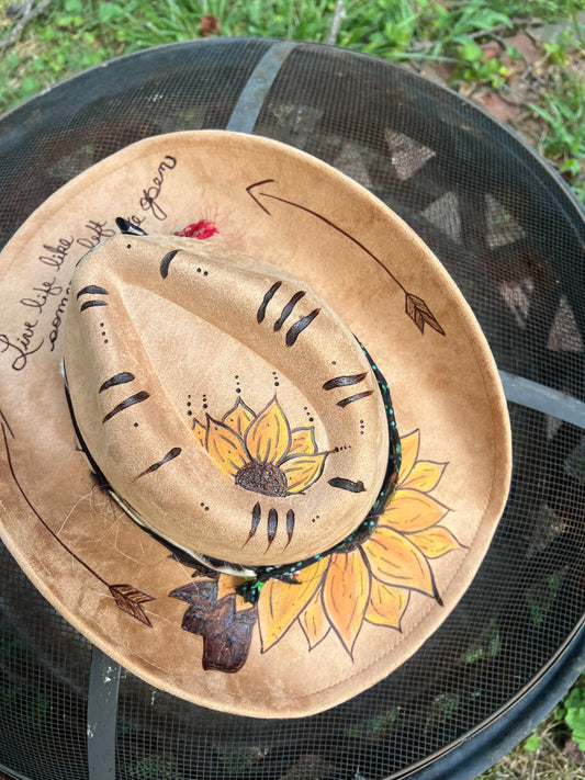 Custom Burned Vegan Suede Hand Painted Rolled Brim Cowboy Hat.  “Live Like Someone Left the Gate Open”