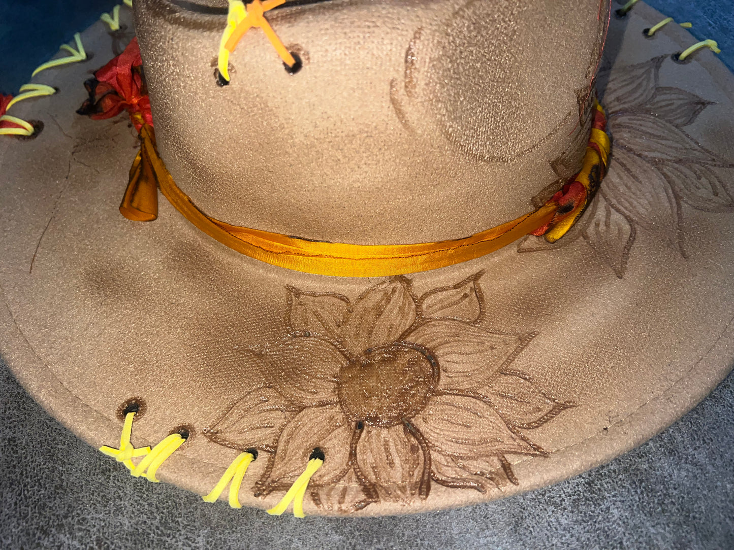 Sunflower Themed Kids Sized Camel Colored Rancher Hat