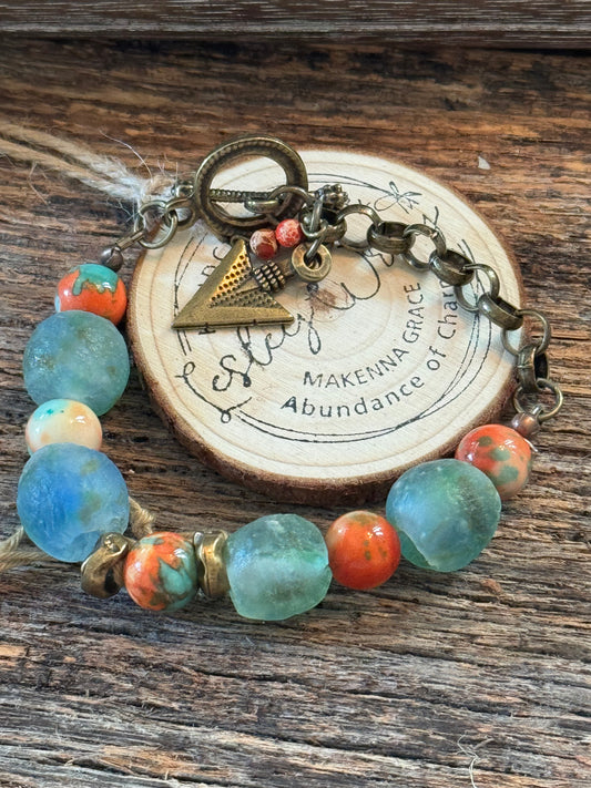 Orange & Turquoise Jasper with blue/green Recycled Sea Glass Toggle Bracelet