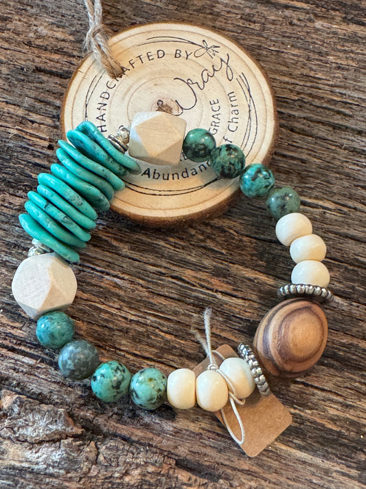 Chunky Turquoise and Olive Wood bead Stretch Bracelet