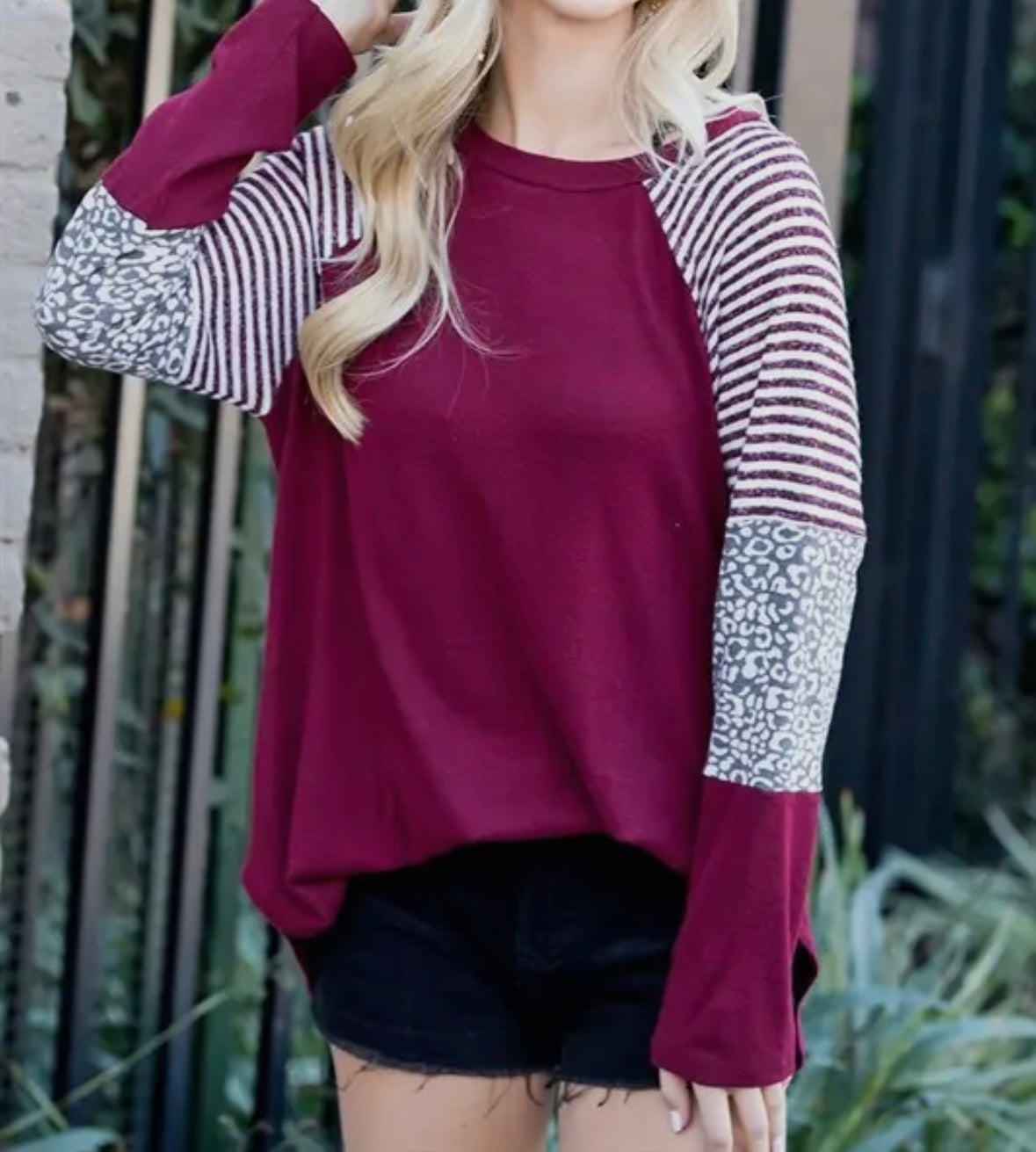 Burgundy Mixed Print Top