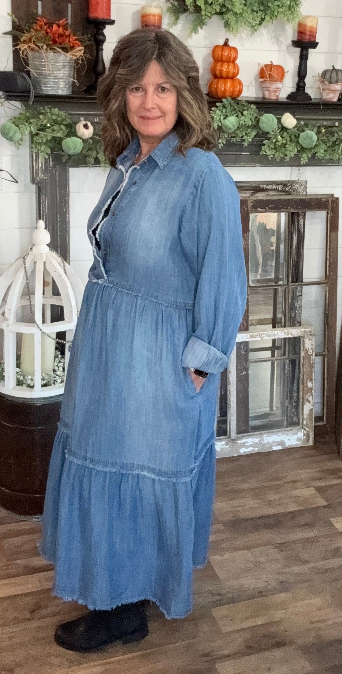 Button Front Washed Denim Maxi Dress by Easel