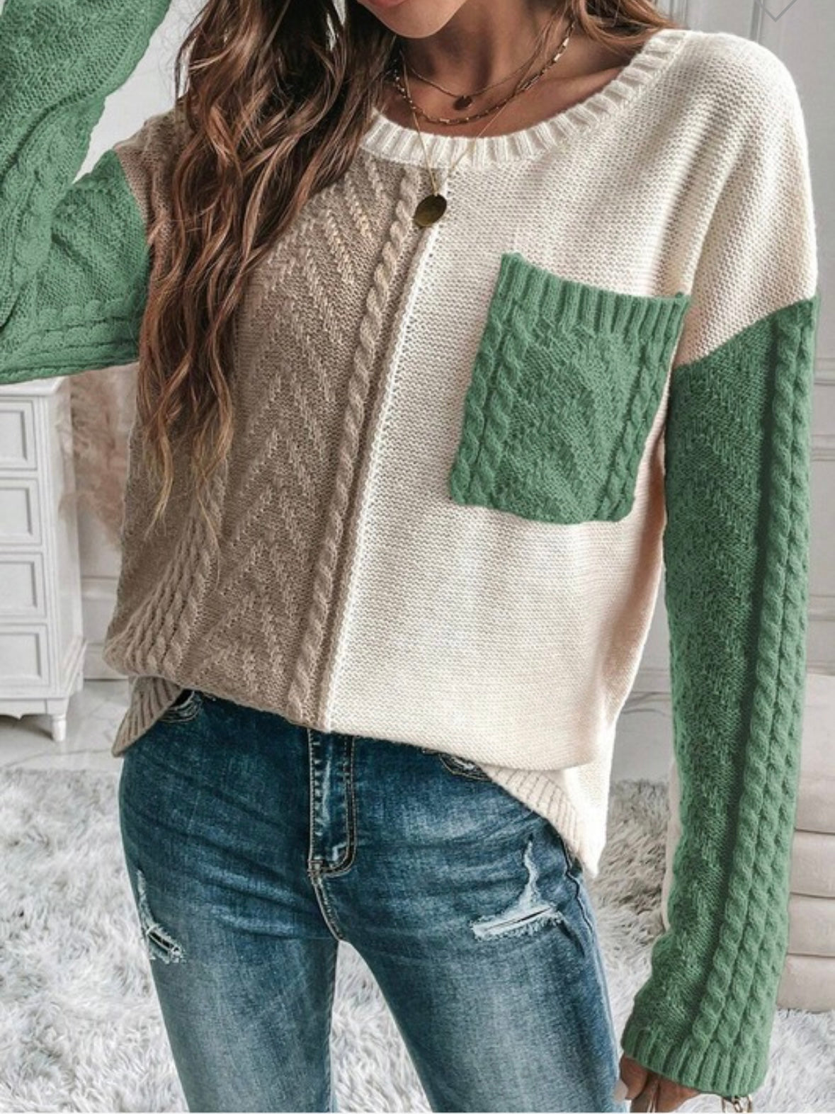 Cable Knit Patch Pocket Sweater