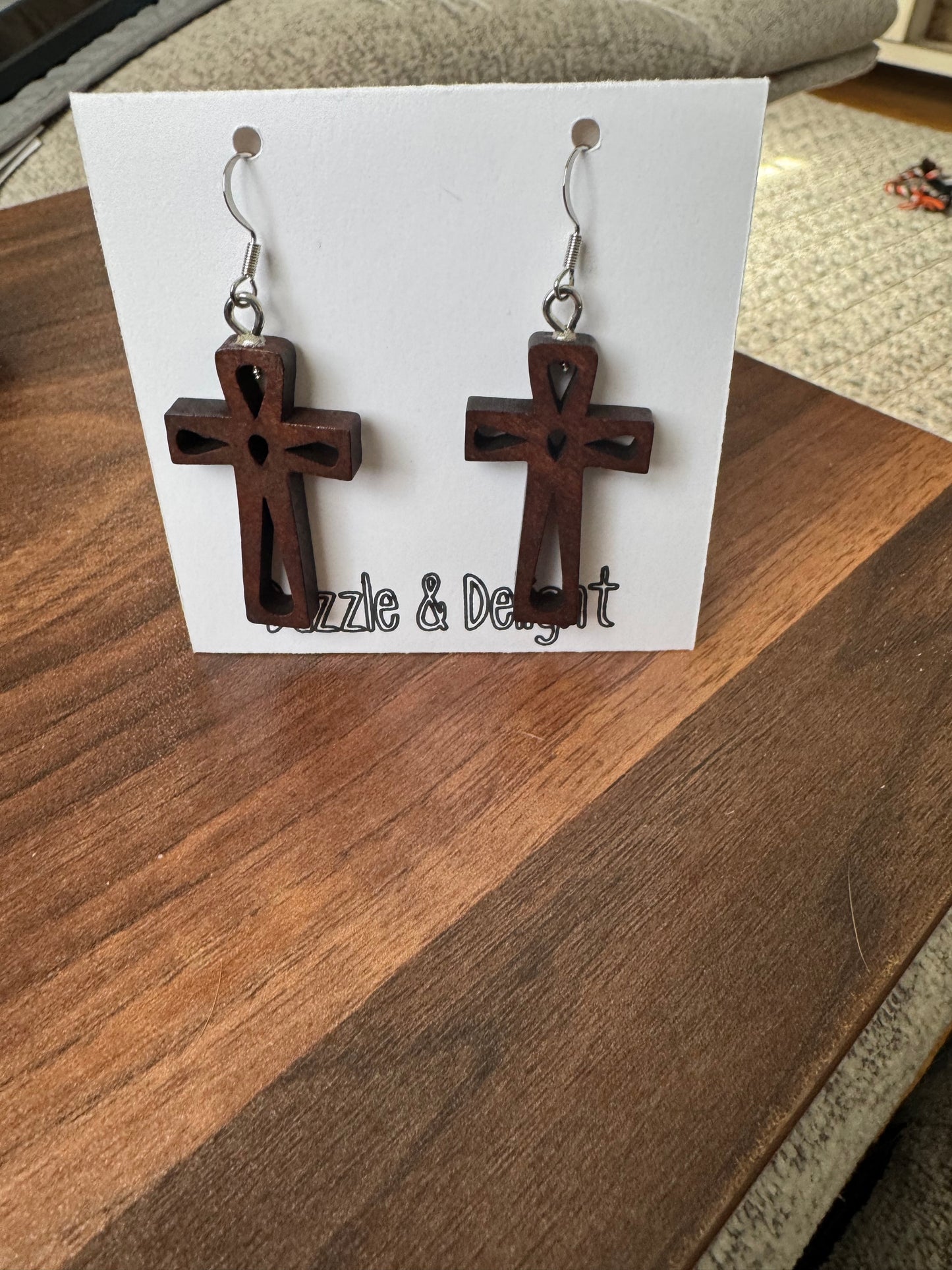 Dazzle and Delight Wooden Cross Silver Hook Earrings