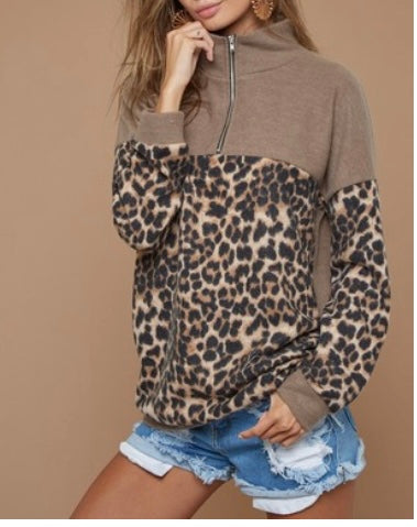 Leopard Block Zip Up Sweatshirt
