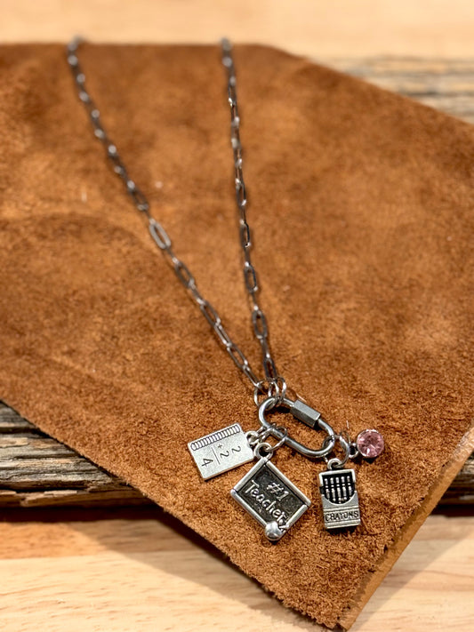 Teacher Charm (Pink crystal) Paperclip Necklace