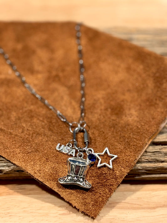 Silver Patriotic  Paperclip Necklace (Blue Charm)