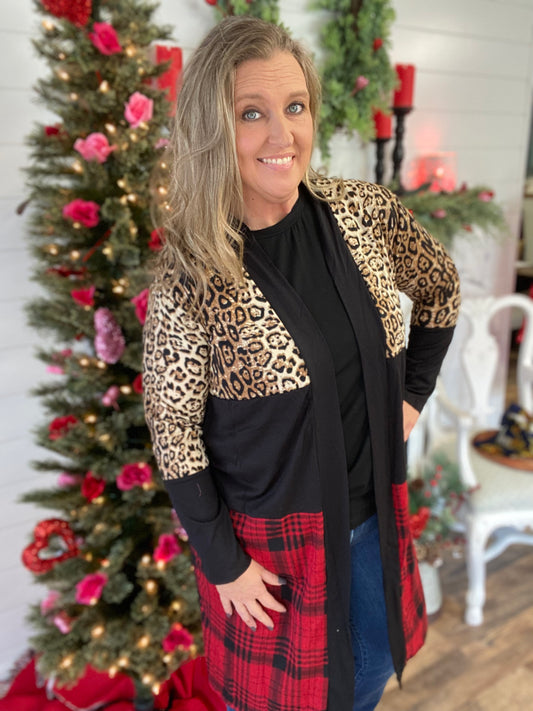 Plaid and Leopard Cardigan