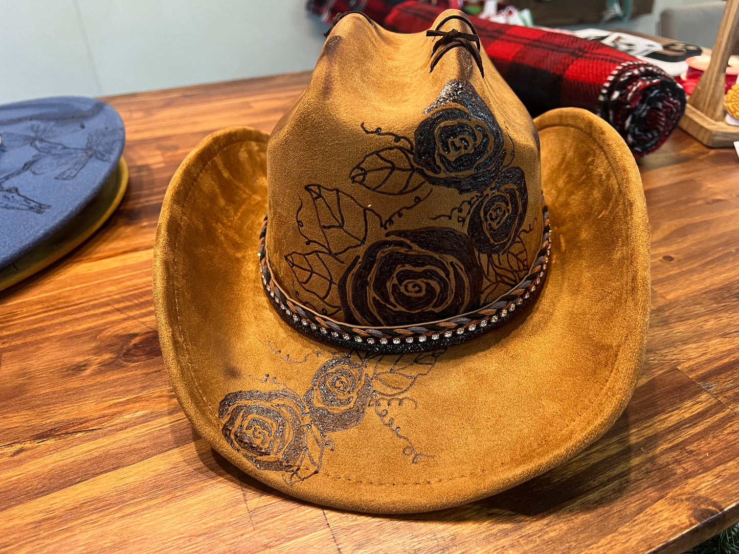 Tan Cowboy Rose theme vegan Suede Hat