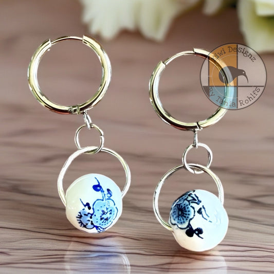 Porcelain Blue Flower ball hoop earrings