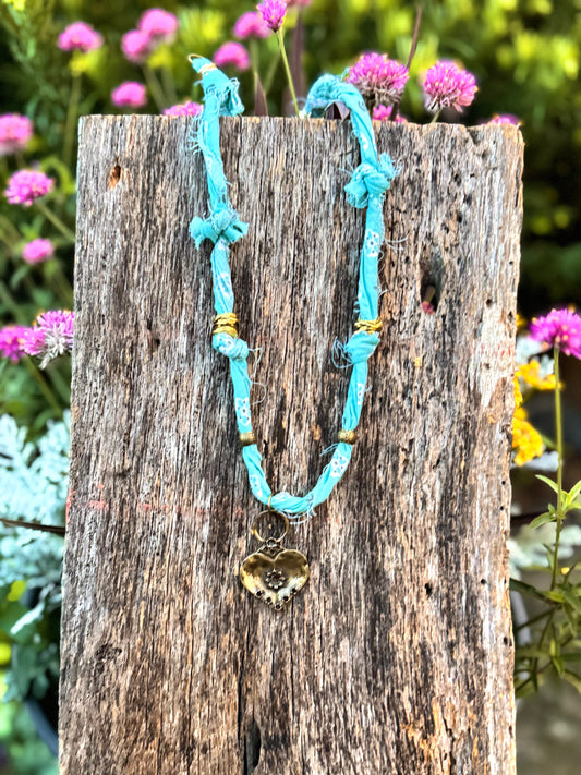 Fabric Bronze & Gold Heart Pendant Necklace