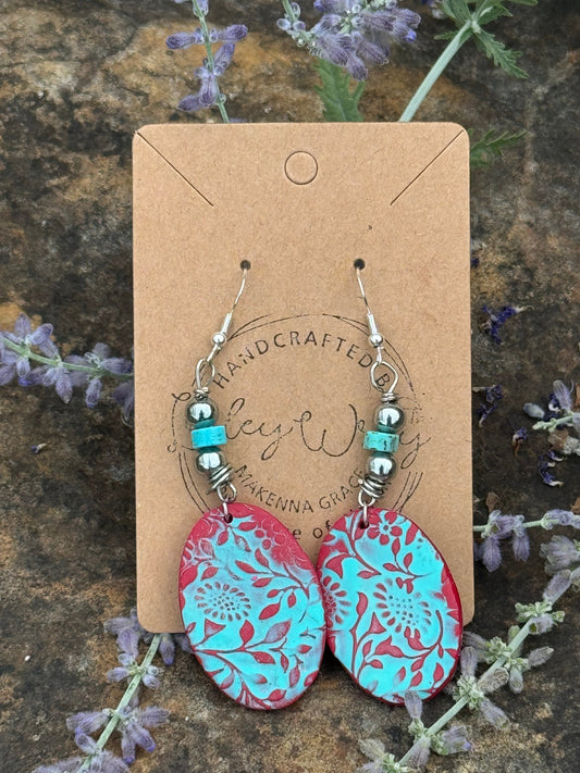 Turquoise and Red Oval floral Clay Earrings with natural Turquoise