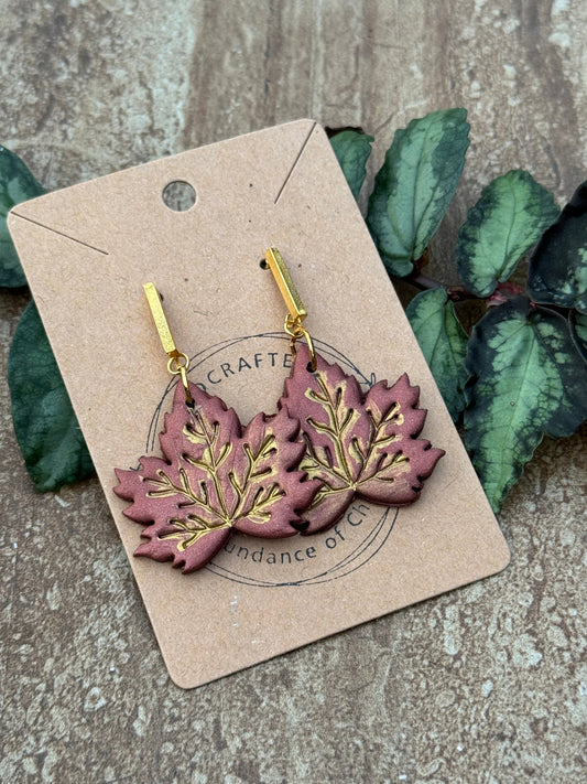 Burgundy & Gold Maple Leaf Clay Earrings
