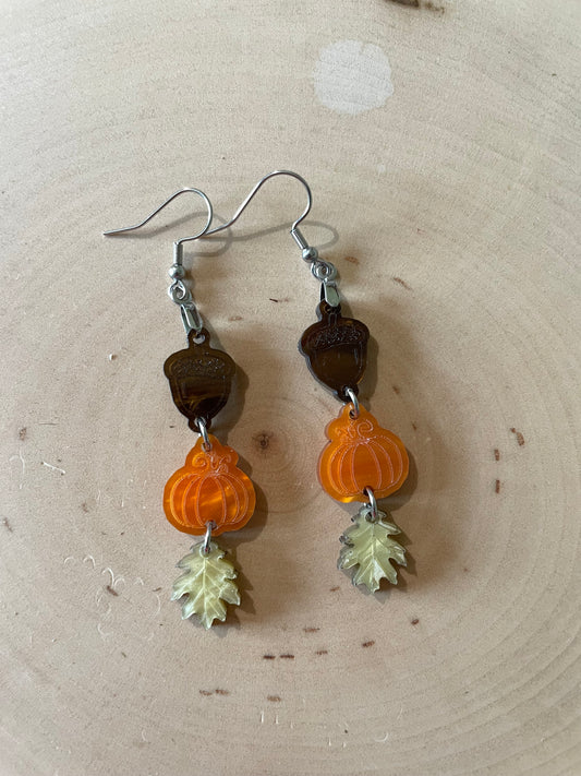 Acorn Pumpkin Leaf earrings - brown/orange/yellow