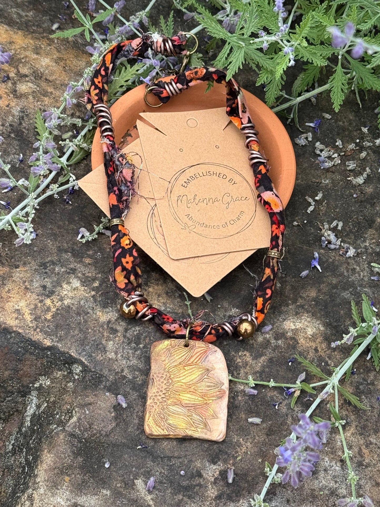 Fabric Hand Painted Sunflower Pendant Necklace
