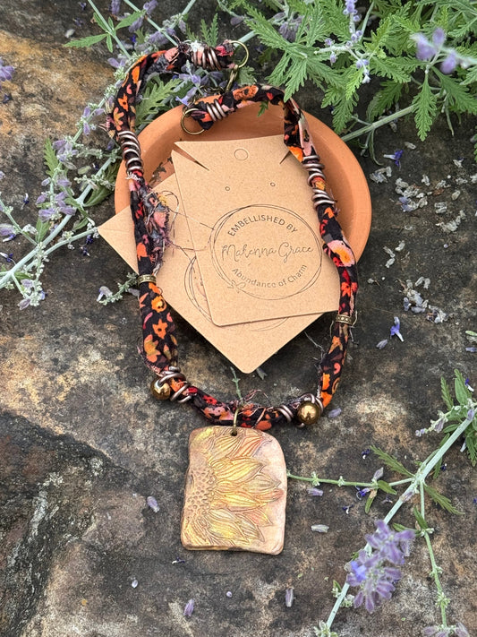 Fabric Hand Painted Sunflower Pendant Necklace