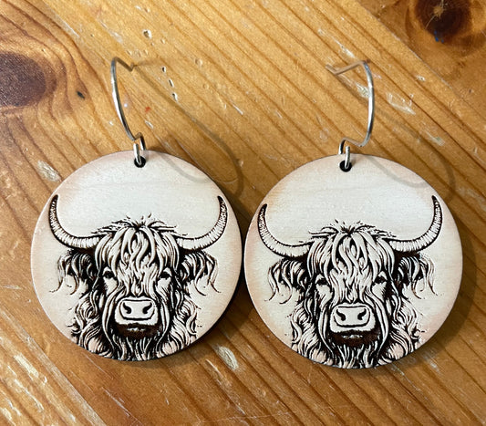 Round Highland Cow wooden earrings