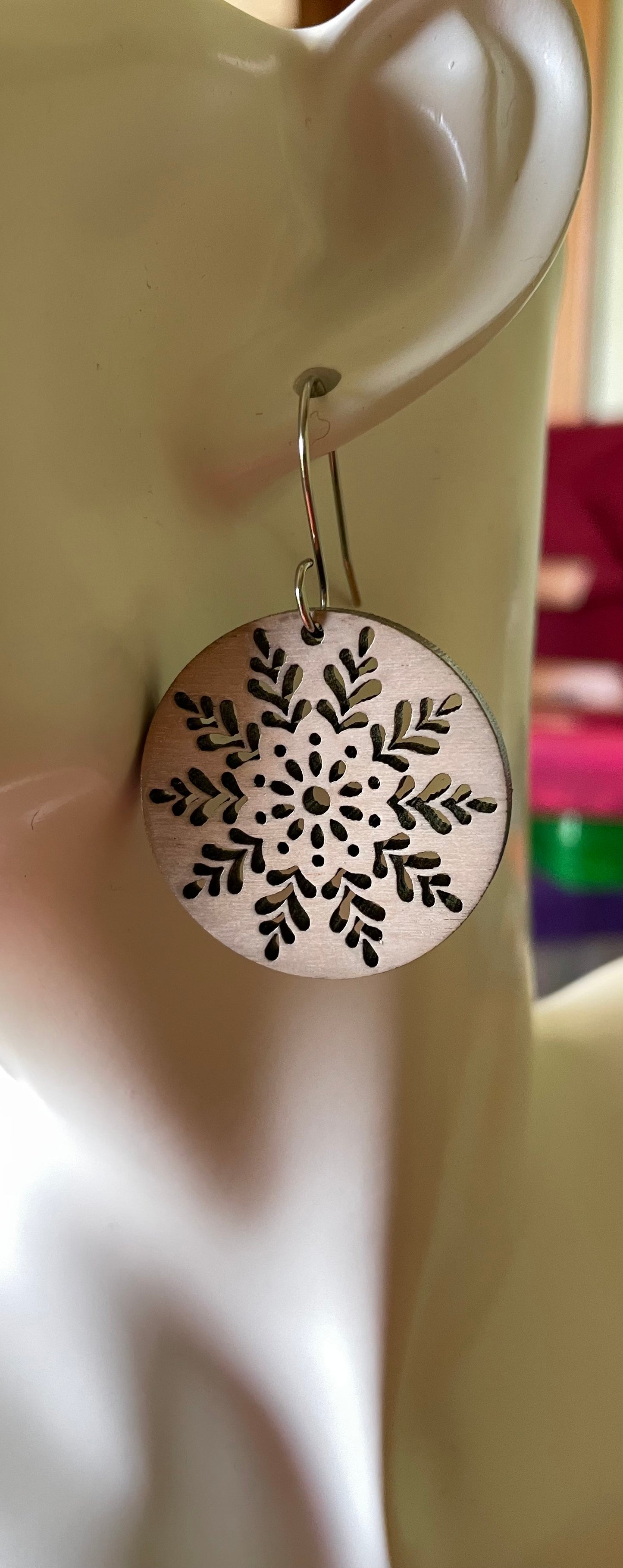 Snowflake wooden drop earrings