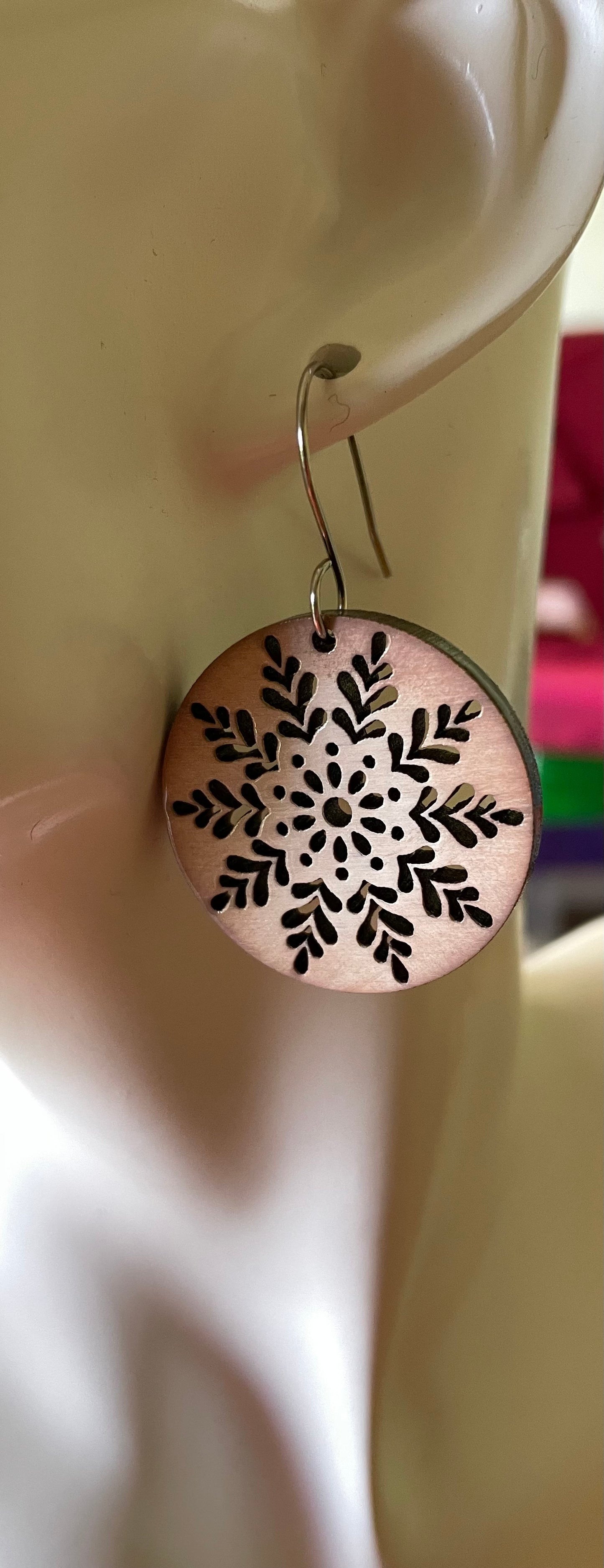 Snowflake wooden drop earrings