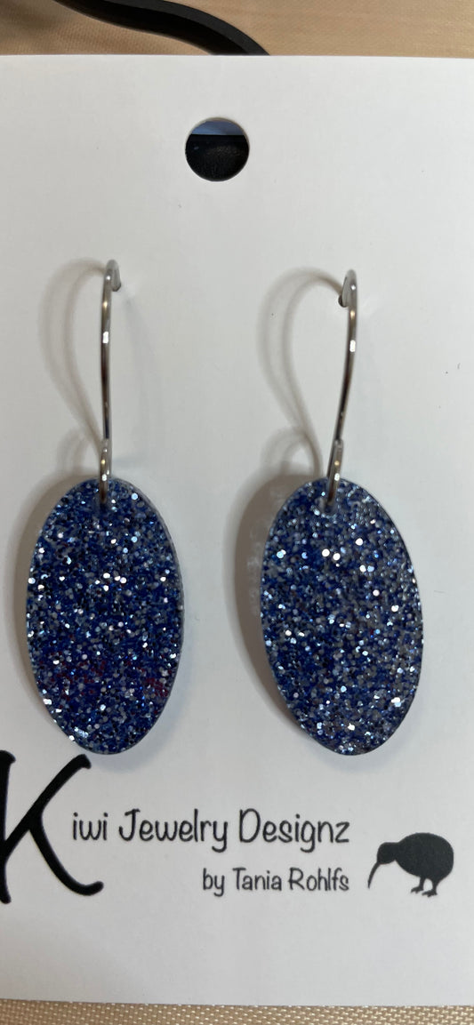 Acrylic blue sparkle oval earrings