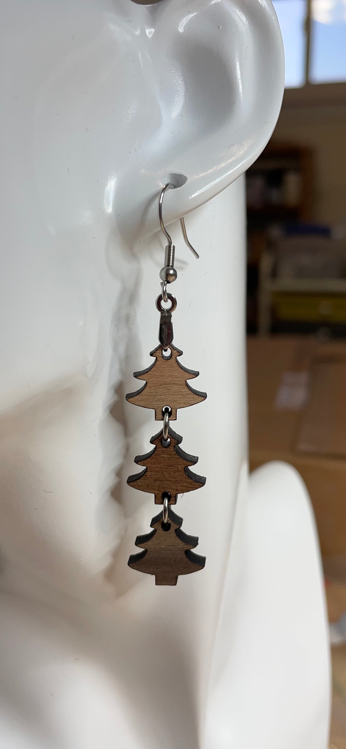 3 Christmas Tree wooden drop earrings