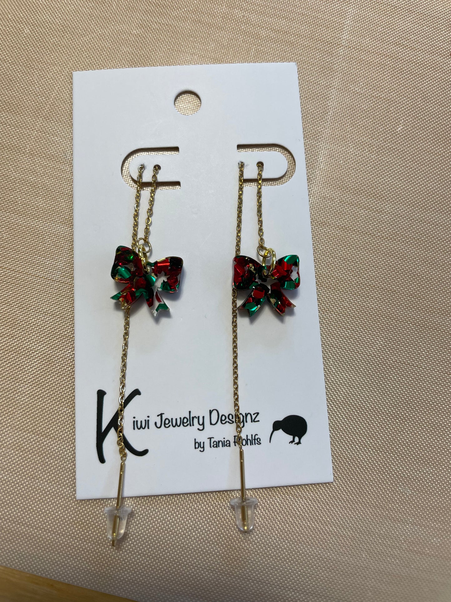 Red Gold Green bow gold threader earrings