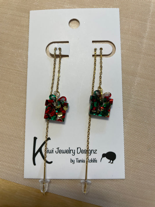 Christmas Package gold threader earrings