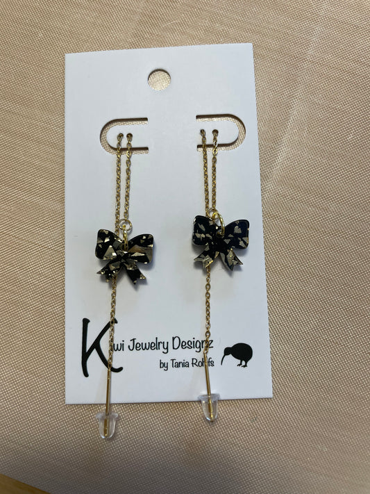 Black and Gold Bow threader earrings