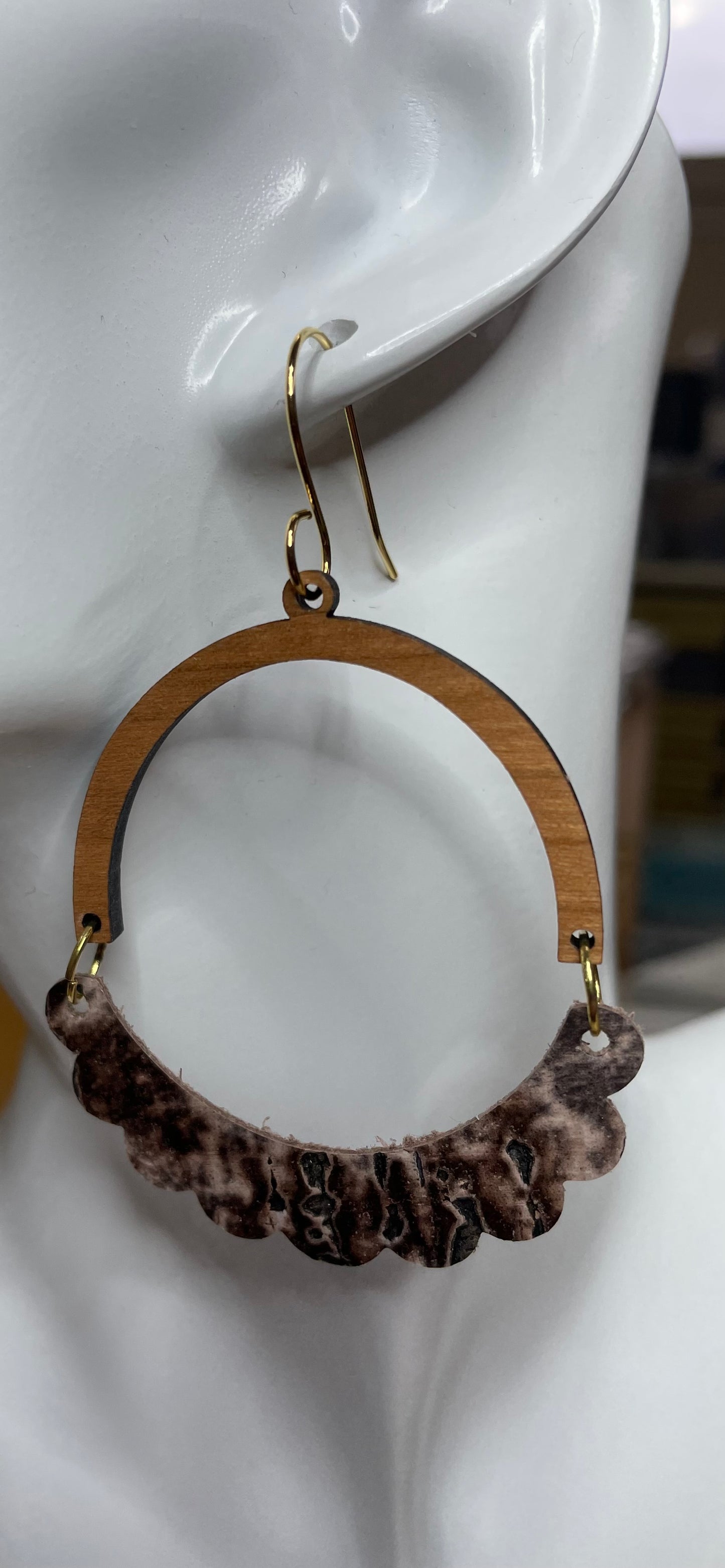 Wood half hoop and leather fluted earrings