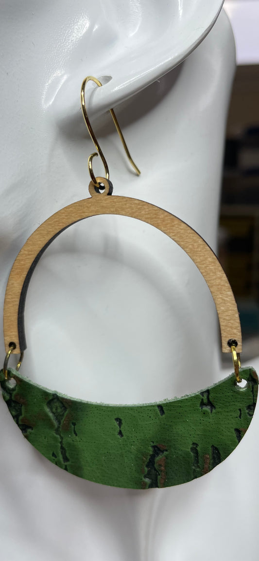 Wood half hoop Green distressed leather earrings