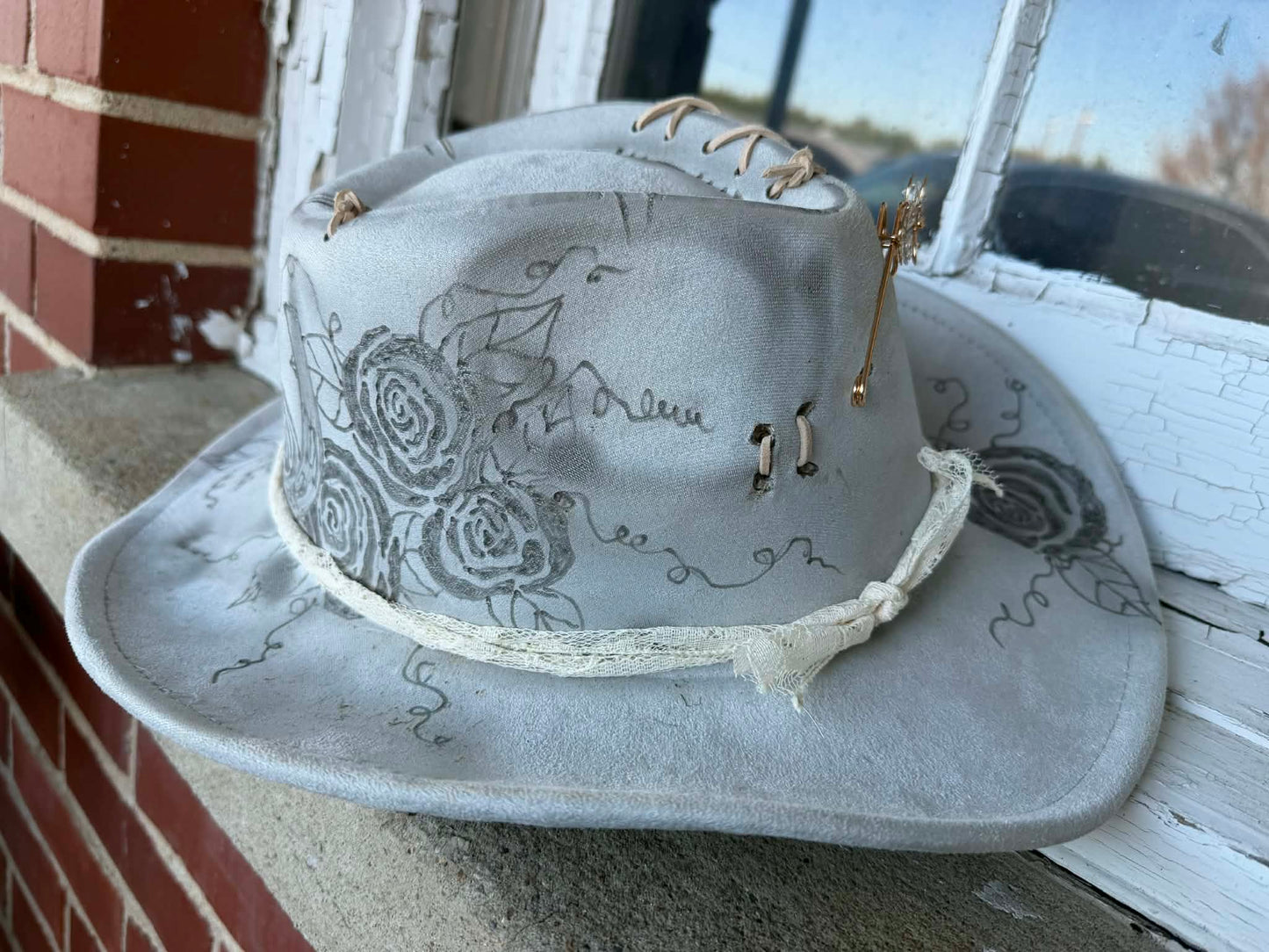 Branding The Brim - Gray Rose Floral Hat