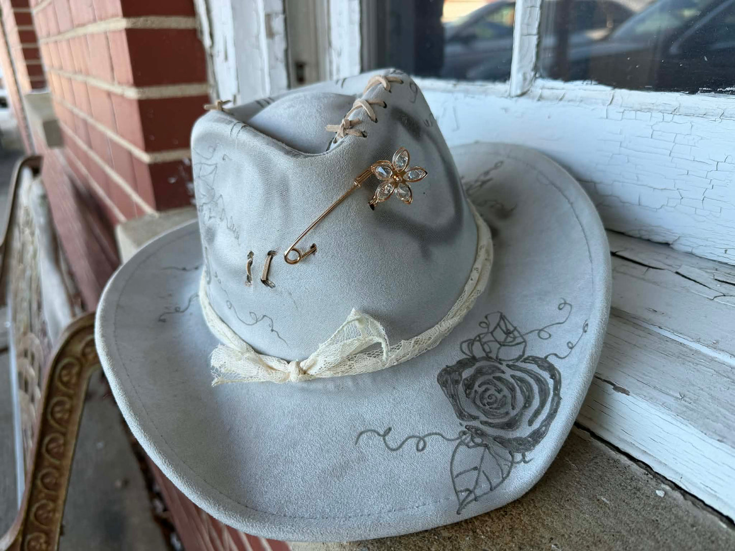 Branding The Brim - Gray Rose Floral Hat