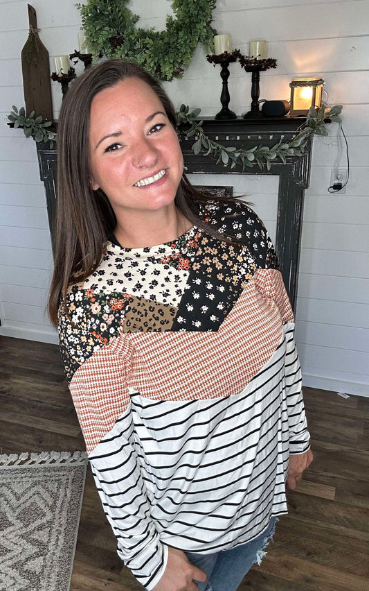 Chevron Long Sleeve Color block Top