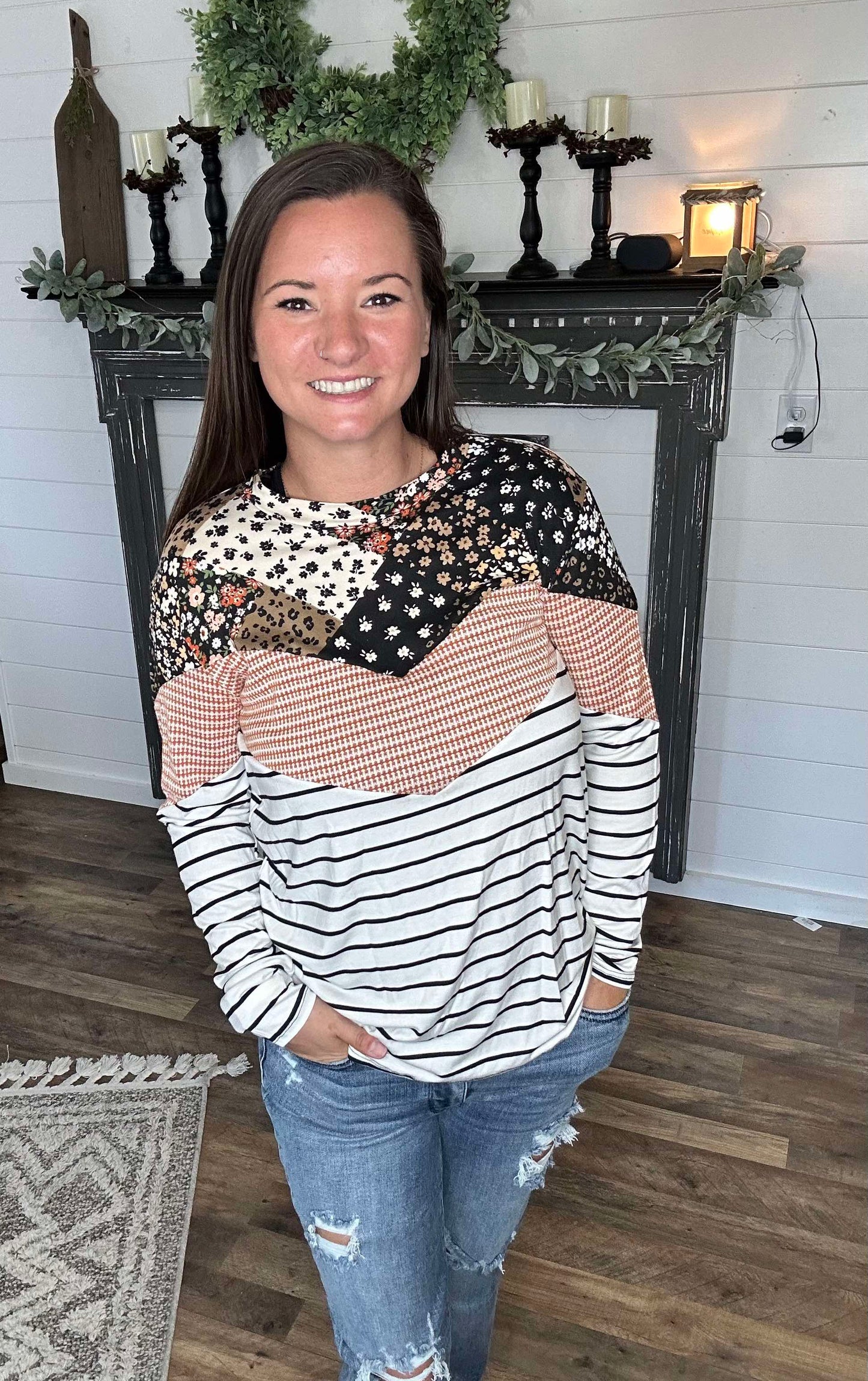 Chevron Long Sleeve Color block Top