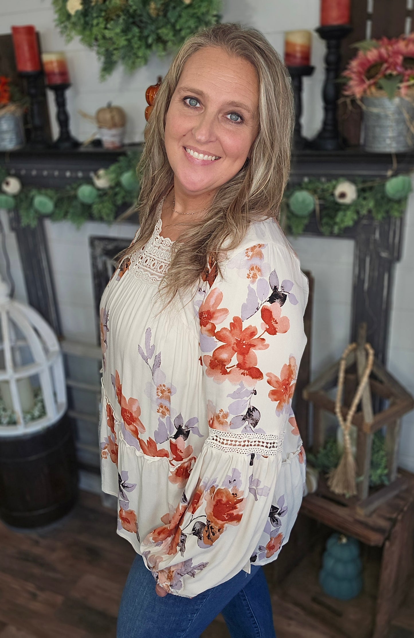 Fall Floral and Lace Tunic Blouse