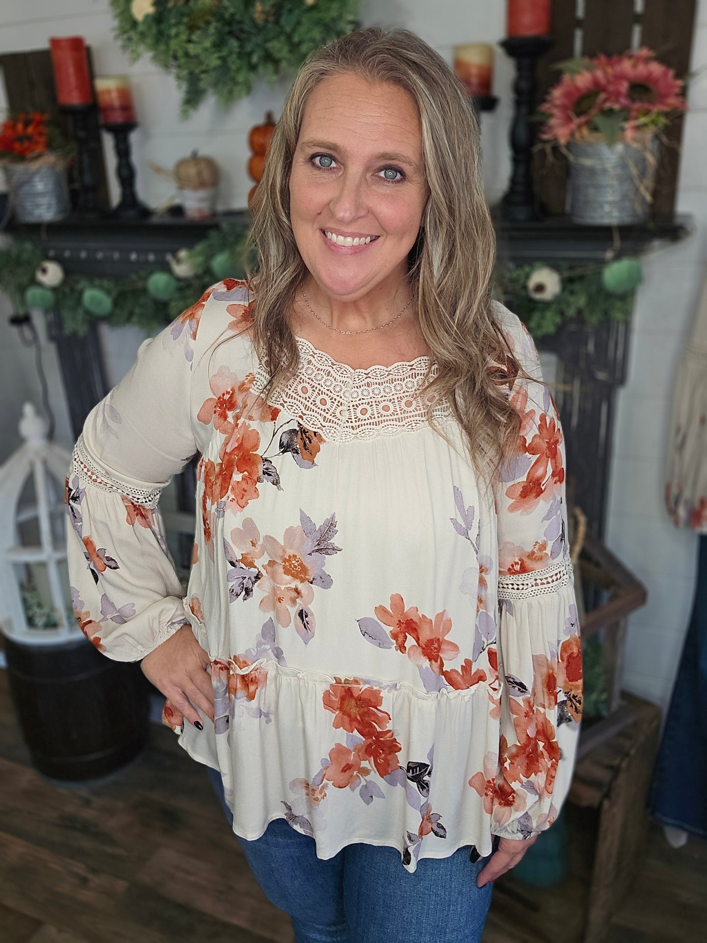 Fall Floral and Lace Tunic Blouse